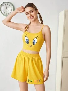 LOONEY TUNES X SHEIN 女士可爱卡通崔弟印花短款吊带背心和短裤黄色睡衣套装，夏季 - 黃色 - 查看 3