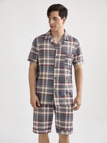 Men's Plaid Short Sleeve And Long Pants Homewear Set - Dark Grey - View 7