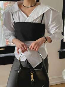 DAZY 女士春夏时尚两件套背心和泡泡袖不对称下摆衬衫长袖上衣