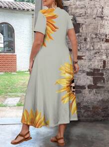 EMERY ROSE Summer Sunflower Print Bodycon Dress For Plus Size Women - Grey - View 2