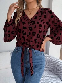 New Summer Animal Print Blouse Wrap V Neck Button Front Cropped Sleeve Tie Detail Vacation Resort Ready Shirt Top Womens - 紅色 - 查看 3