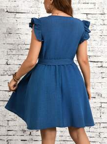 SHEIN LUNE Váy xòe cổ chữ V thời trang cỡ lớn cho nữ, có eo xếp ly và viền chữ A - Màu xanh lam - Xem 2