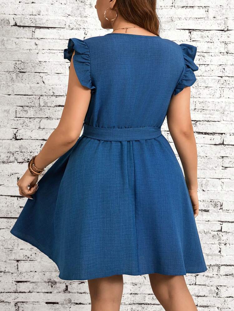 Plus Size Women's Stylish V-Neck Ruffle Trim Dress With Gathered Waist And A-Line Hem