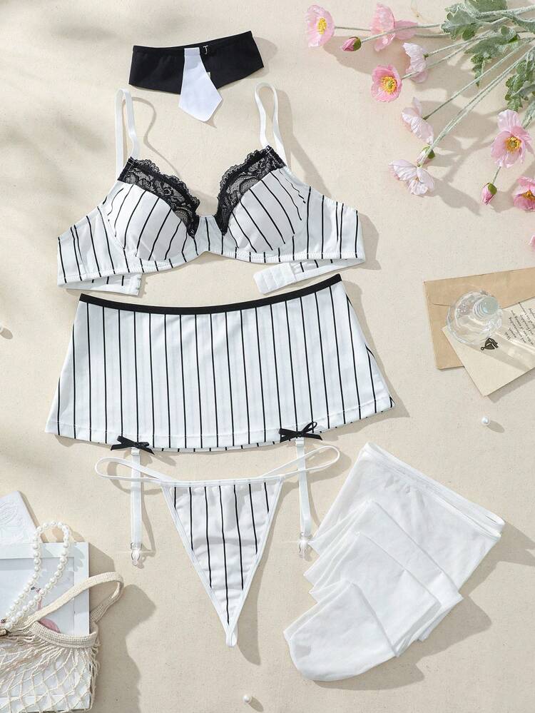 Women's Sexy Lace Patchwork Striped Printed Lingerie Set With Panties And Skirt