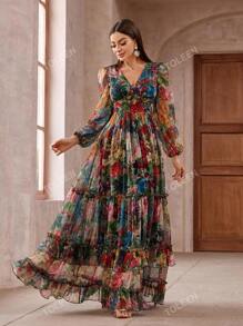 Women's Vintage Floral Long Sleeve Frill Trim Summer Dress
