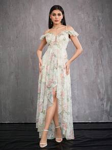 Mgiacy Spaghetti Strap Off Shoulder Ruffle Hem Romantic Embroidered Floral Print Asymmetrical Bridesmaid Dress - Coral Pink - View 5