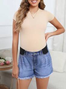 SHEIN Maternity Vacation Casual Contrast Color Frayed Denim Shorts - Medium Wash - View 4