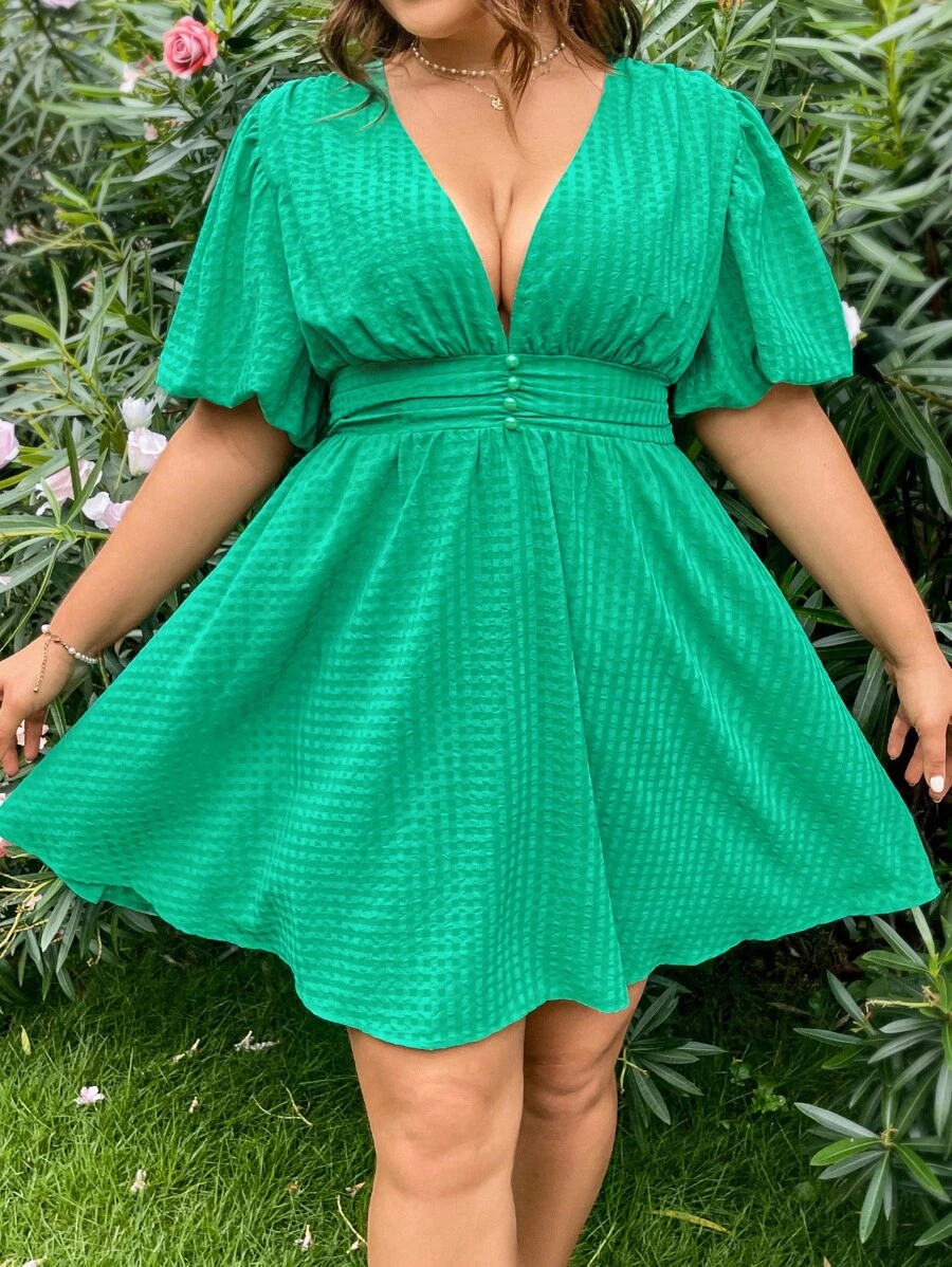 Dreamara Vacation Texture Fabric V-Neck Short Sleeve A-Line Dress - Green - View 1