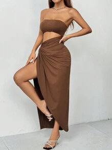 SHEIN PETITE Vestido corto con detalle de nudo en el frente y abertura lateral alta con tela elástica - Marrón - Ver 3