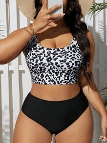 Swim Lushoire Plus Size Women Summer Beach Fashion Leopard Print Tankini Set - Black and White - View 4