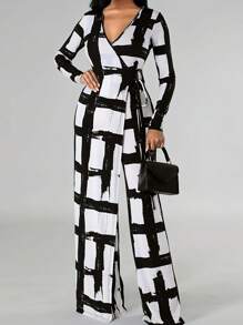 Bộ đồ liền thân ống loe cổ bẻ in họa tiết kẻ caro cỡ lớn cho nữ, tay dài - màu đen - Xem 1