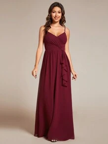 EVERPRETTY Deep V-Neck Spaghetti Strap Open Back Asymmetric Ruffled Bridesmaid Dress - Burgundy - View 1