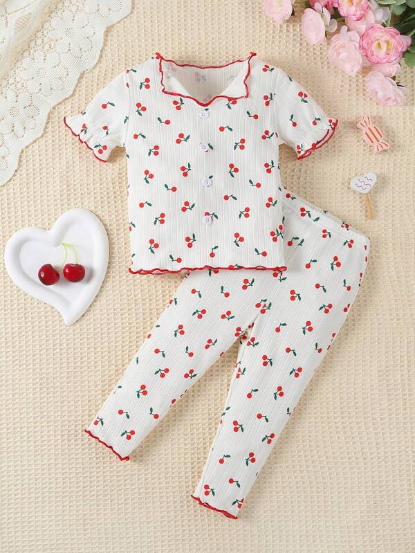 Ensemble décontracté pour la maison de deux pièces comprenant un haut simple à manches courtes imprimé cerise rouge pour bébé fille avec un pantalon long