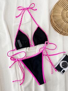 SHEIN Swim Women's Summer Beach Floral Decorated Halter Neck Strap Sexy Bikini Set With Bottoms - Black - View 2