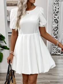 Chiquease Women's Summer Solid Color Elegant & Charming Backless Puff Sleeve Dress With Tie Straps - White - View 7