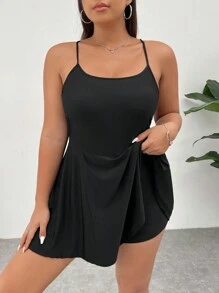SHEIN EZwear Women's Plus Size Black Ice Silk Cool-Feeling Functional Fabric Smooth & Non-Sticky Solid Color Basic Casual Sports Jumpsuit With Skin-Friendly Material, Non-Removable Chest Pad, Crossed Back Straps, Pockets, Ideal For Daily Leisure - Black - View 4