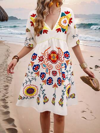 Breezaya 隨機花卉印花女款V領寬鬆短袖假日連衣裙