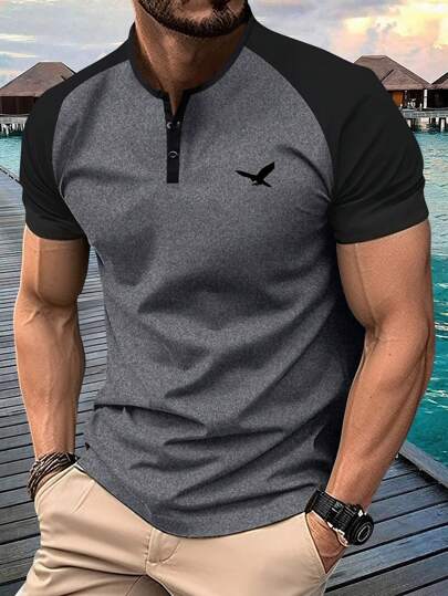 Camiseta de manga corta casual de verano para hombres con cuello henley, pantalones cortos con estampado de estilo estadounidense para viaje/vacaciones/campamento al aire libre