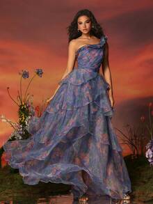 VIPGIRL Oblique-Shoulder Lace & Petal Hem Women's Evening Party Dress Elegant Formal Prom Wedding Guest Gown, For Graduation, Dinner - Purple - View 6