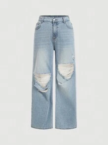 SHEIN MOD Plus Size Women's Casual Ripped Blue Wide Leg Boyfriend Jeans - Light Wash - View 1