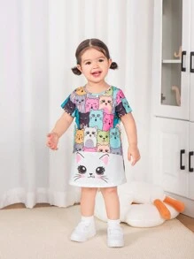SHEIN Leuke gebreide cartoonpatroon patchwork losse jurk met korte mouwen voor babymeisjes, zomer