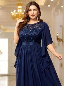 Plus Elegant Butterfly Sleeve Chiffon Sequin Lace Bodice Evening Party Long Dress - Navy Blue - View 8