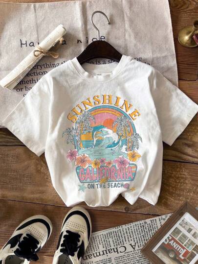 SHEIN 复古 90 年代年轻女孩休闲风景图案短袖 T 恤，适合夏季，棉混纺