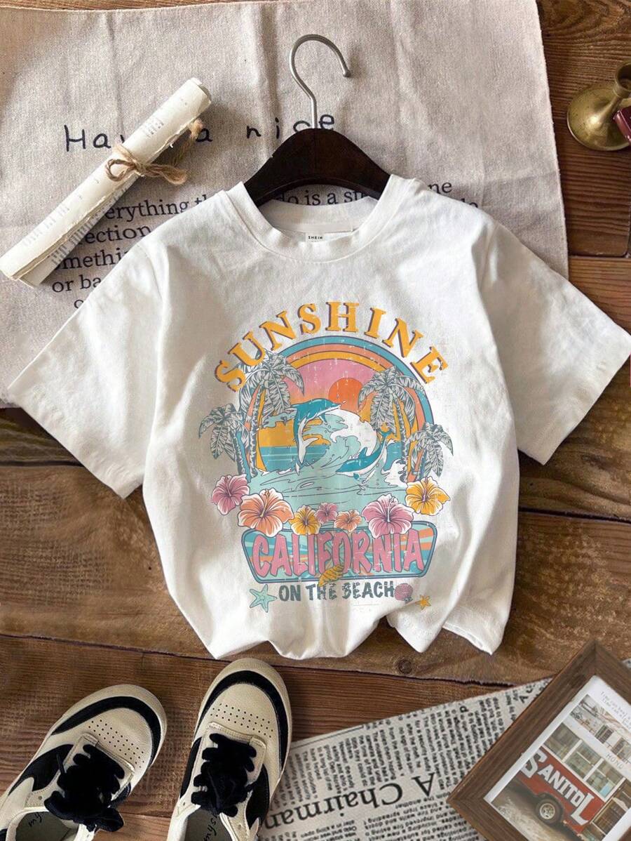 SHEIN Retro 90s Young Girl Casual Landscape Graphic Short Sleeve T-Shirt, Suitable For Summer, Cotton Blend