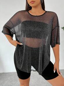 SHEIN EZwear 3入組女裝大尺碼閃亮透視柔軟舒適面料圓領休閒長T恤，純色無肩帶短上衣和騎車短褲，夏季日常休閒穿搭的完美選擇 - 黑色 - 查看 3