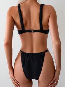 SHEIN Swim 女士夏季海灘純色褶皺性感比基尼套裝 - 黑色 - 查看 2