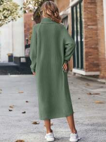 EURMUSE Women's Turtleneck Raglan Sleeve Sweater Dress - Green - View 3