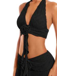 SHEIN BAE Women's Summer Sexy Plain Camisole With 3D Floral Decoration, Backless, High-Slit Hem Skirt 2-Piece Set