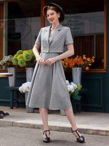 Vintamour 复古优雅女士 2 件春夏套装，方领无袖吊带背心连衣裙和短袖短款西装外套，灰色通勤装夏季连衣裙夏季装商务专业中长款女士连衣裙老钱装演唱会女士装女士复古服装乡村演唱会装老钱美学办公室装女士套装