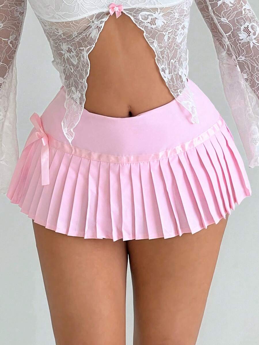 Sweetina Y2k Summer Spring Outfits Vacation Outfits Going Out Low-Waist Fine Pleated Bowknot Ultra Pink Cute Short Mini Skirt - Pink - View 1