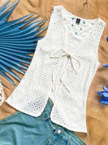 Soleia Women's White Summer Boho Vacation Holiday Sleeveless Vest,Hollow Texture Water-Soluble Embroidery Loose Fit Beach Casual Party Garden Tea Top - White - View 1