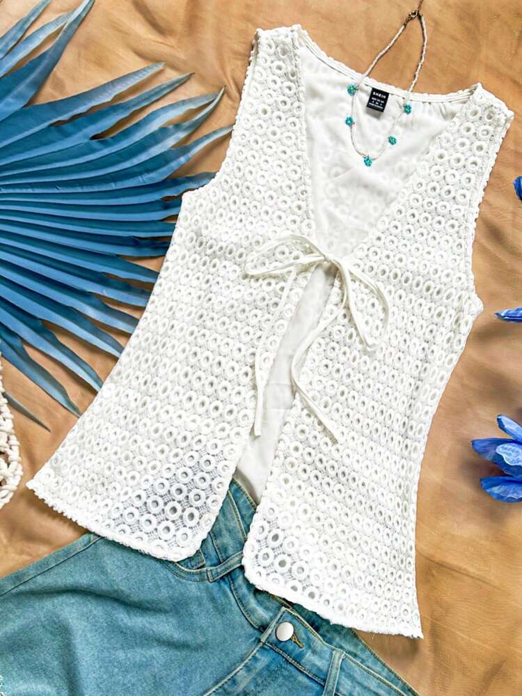 Women's Summer Vacation Beach Casual, Great For Easter, Back-To-School, Graduation, Party, Lunch, Garden Tea; Lovely Sleeveless Vest With Hollow Texture, Water-Soluble Embroidery, Loose Fit In White Color