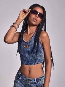 Metallic Embellished Denim Washed Sleeveless Camisole Top - Medium Wash - View 6