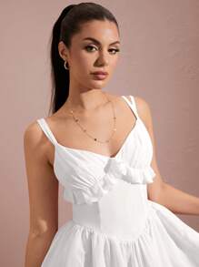SHEIN BAE Mùa Hè Gợi Cảm Mùa Tốt Nghiệp Nữ V Sâu Cúp Ren Lá Sen Ngọt Phồng Công Chúa Mini Màu Hồng - trắng - Xem 4