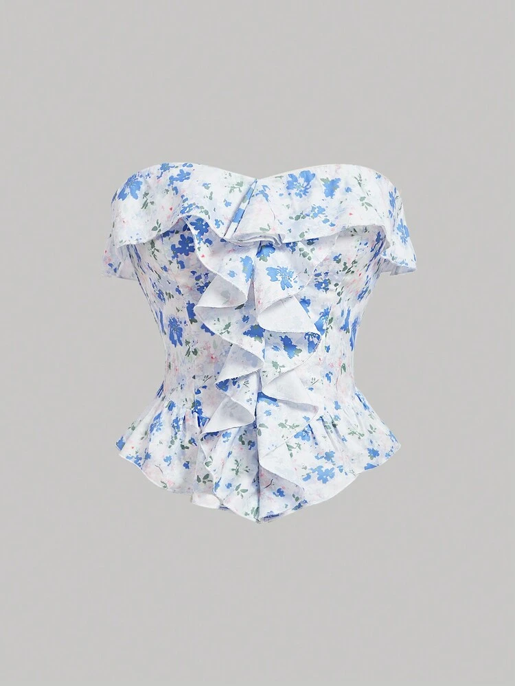 Blue And White Abstract Tie-Dye Floral Print Romantic Ruffle Decorated Slim Fit Women's Strapless Top, Vintage,Spring/Summer