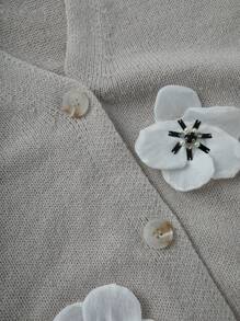 SHEIN LUNE 女性時尚可愛小花印花v領針織開衫 - 卡其色 - 查看 3