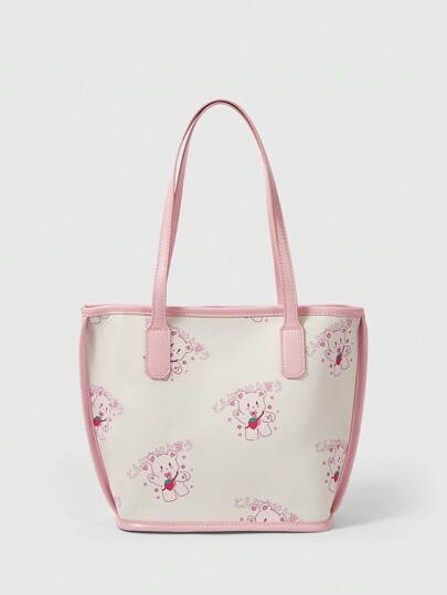 Kawaii حقيبة تسوق حوامل بطبعة الدب الفراولة وألوان الكتل مع حزام للكتف