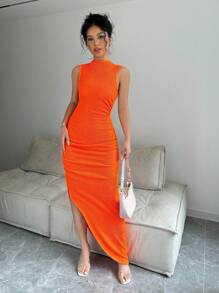 Chiquease Vestido de mujer para el verano con parte superior plisada y cintura con cuello alto de unicolor y dobladillo con hendidura lateral