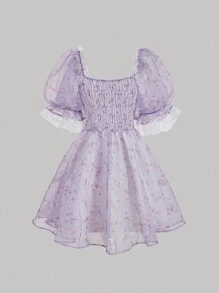 SHEIN MOD Bridgerton風格派對紫色花卉印花蕾絲修邊夢幻公主風格泡泡裙 - 淡紫色 - 查看 2