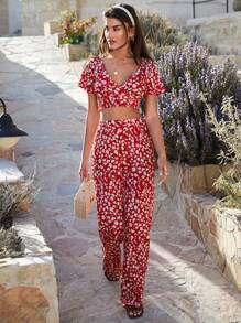 EURMUSE Two Pieces Red Top And Pant - Red and White - View 5