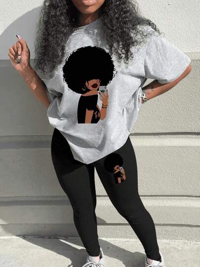 BamGleam Fashionable Women's Printed Round Neck Casual Short Sleeve Top And Long Pants Two Pieces Set