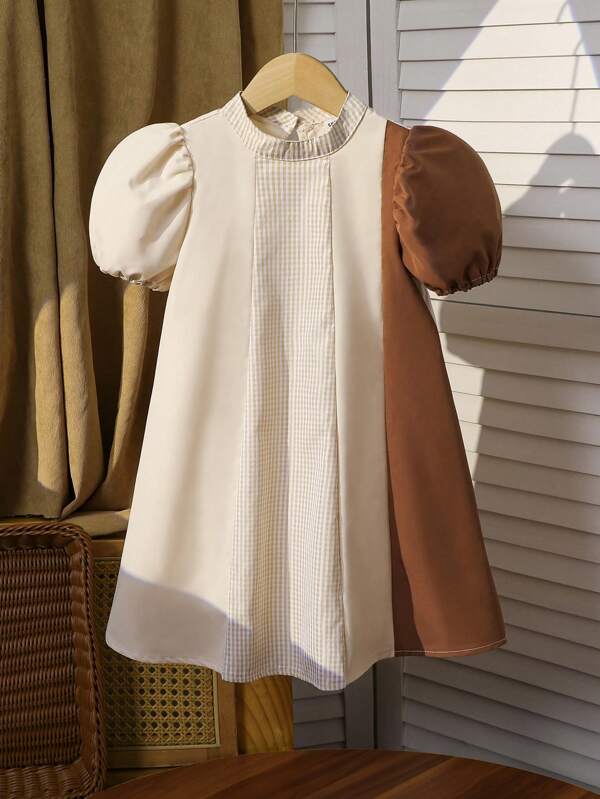SHEIN Young Girl Casual Chic Countryside Style Princess Dress With Earth Tone Color Patchwork Plaid Design, Perfect For Summer Picnics And Outings,Holiday,Summer,Travel