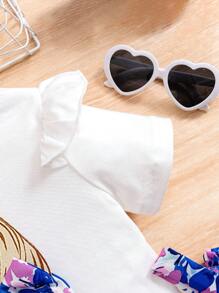 Young Girl Summer Holiday Casual Comfortable Printed Ruffle Trim Top & Pants Two Pieces Set - Royal Blue - View 4