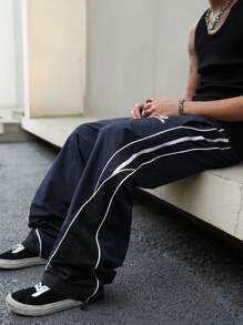 Manfinity Campus Court Men's Casual Color Block Patchwork Drawstring Straight Pants, Going Out Long Colorblock Blue Straight Leg Sweatpants, For Fall - Navy Blue - View 5