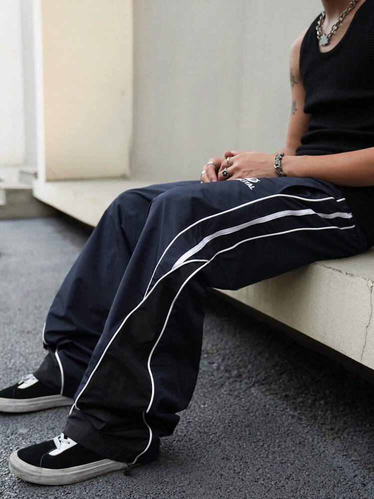 Manfinity Campus Court 男士休闲拼色抽绳直筒裤，外出长款拼色蓝色直筒运动裤，适合秋季 - 藏蓝色 - 查看 5