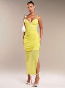 SHEIN BAE Robe cami élégante à fente latérale et dentelle insérée - Jaune citron - Voir 7